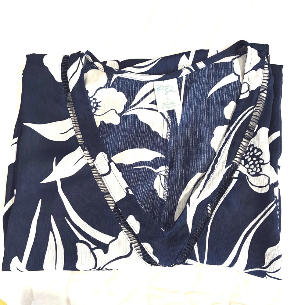Kona Sol Floral Swim Cover Up Tunic Top Navy White‎ V Neck Casual Womens-XL